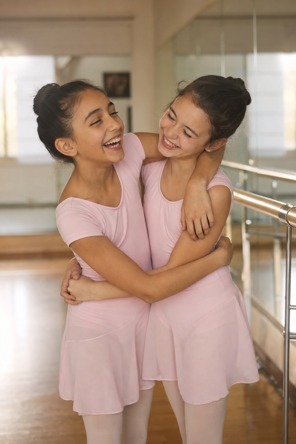 Two young dancers hugging and laughing after dance class
