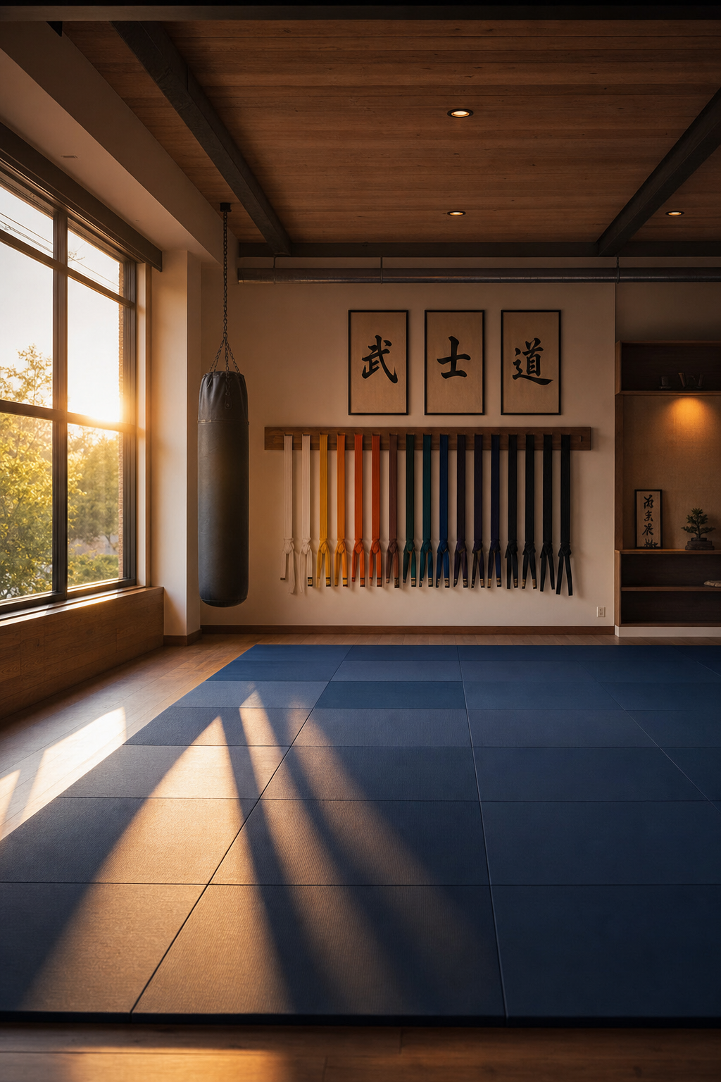 Empty dojo with tatami mats at golden hour