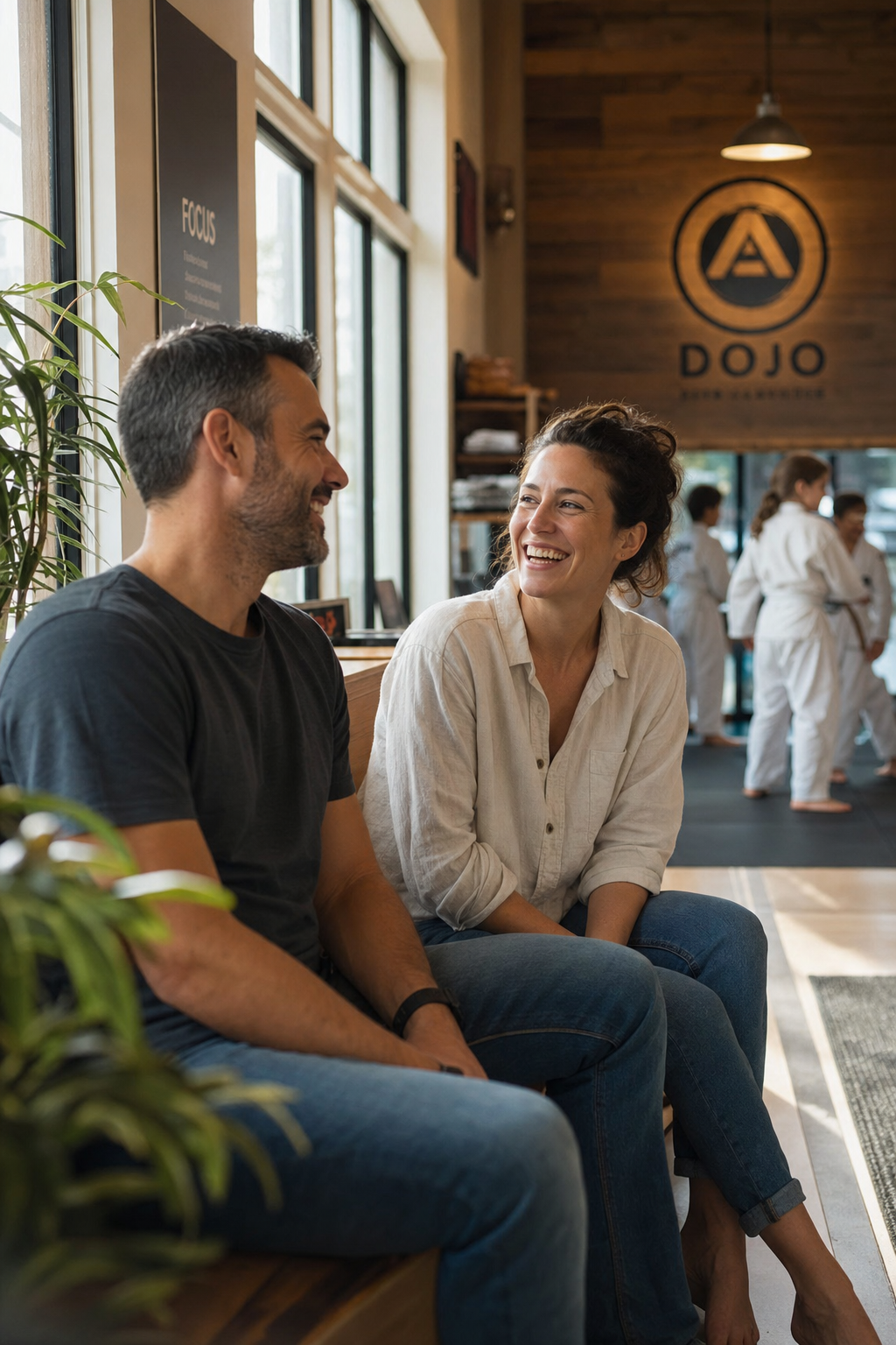 Two parents in dojo lobby while kids train