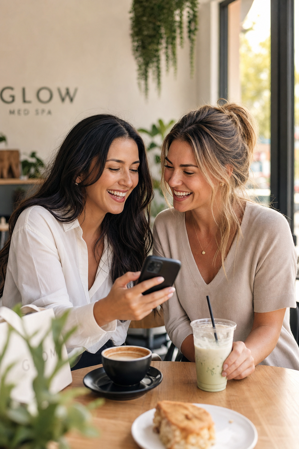 Two women with glowing skin laughing together