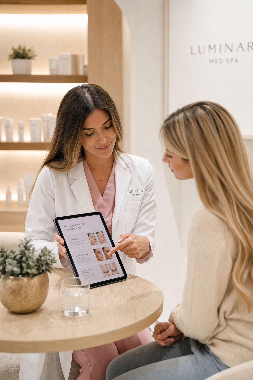 Med spa provider showing client a treatment plan