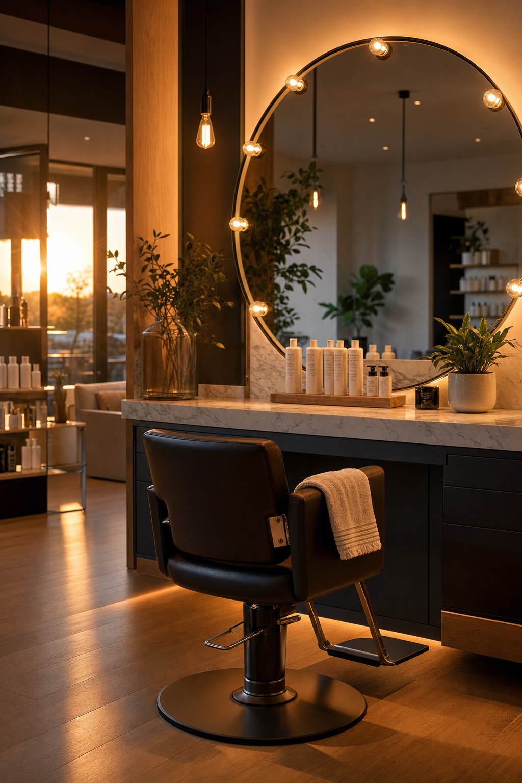 Empty stylist chair in modern salon at golden hour