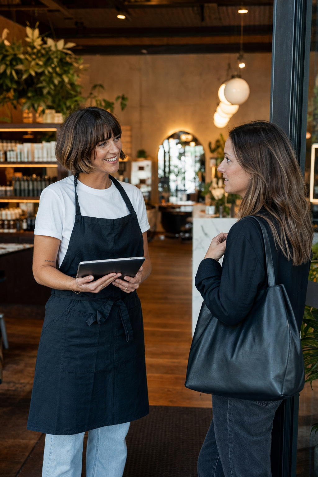 Hairstylist warmly welcoming new client at salon entrance