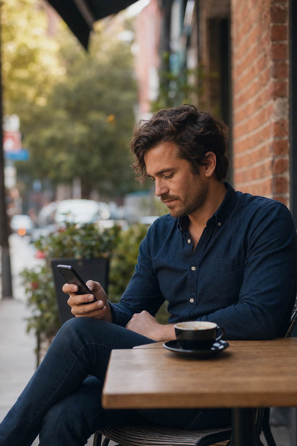 Man at outdoor cafe checking phone with slightly grown out hair