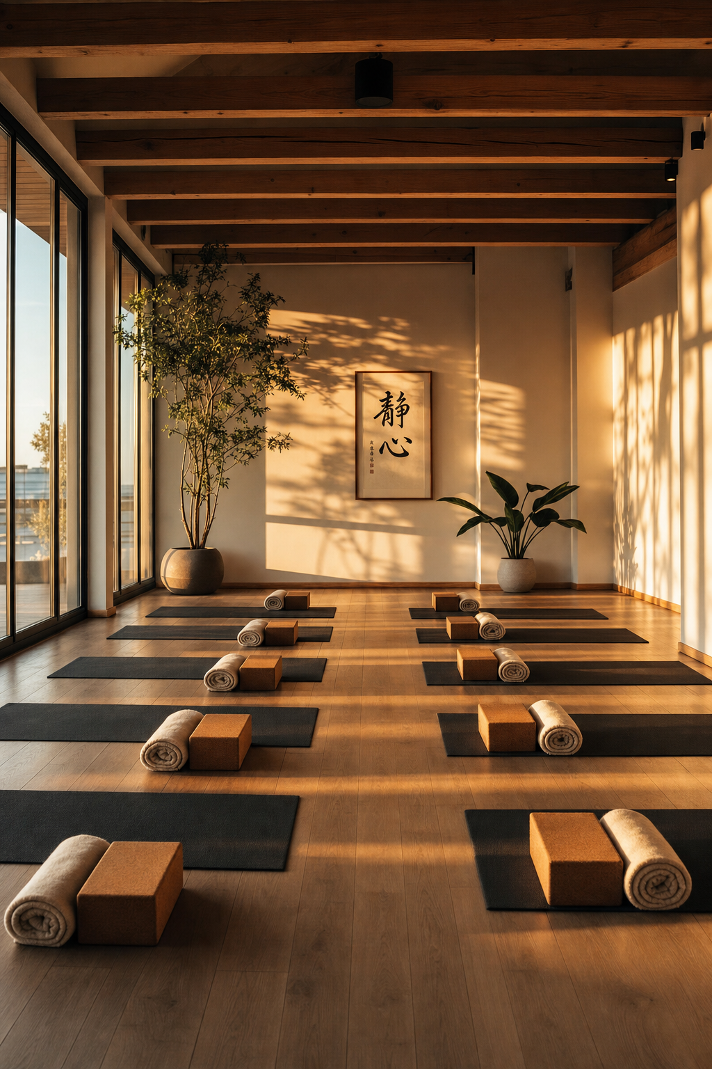Empty yoga studio with mats laid out at golden hour