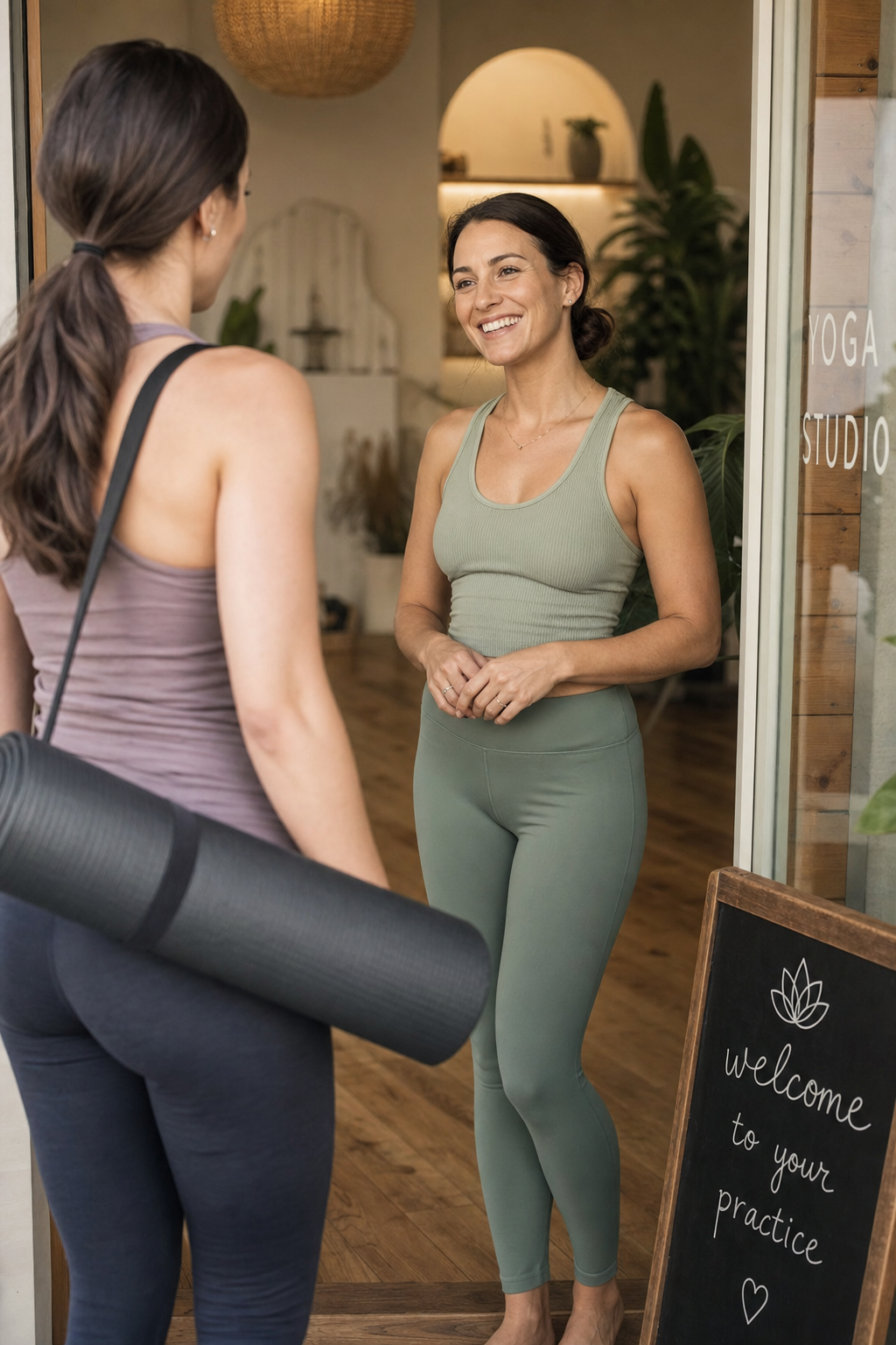 Yoga instructor warmly greeting a new student at the studio entrance